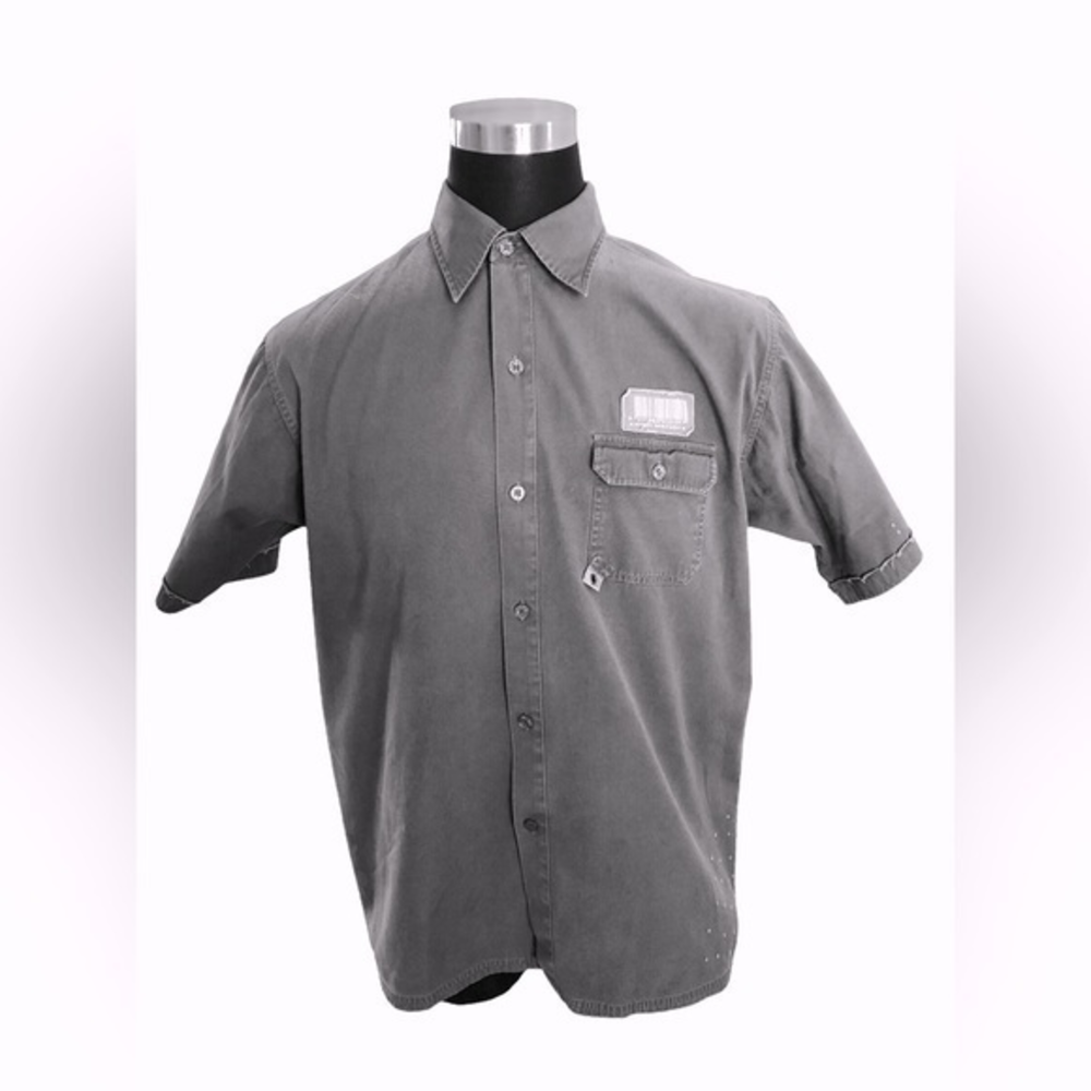 STRAY COMPANY Mens XXL Grunge Mechanic Button Up Shirt Gray Cotton Unique Detail